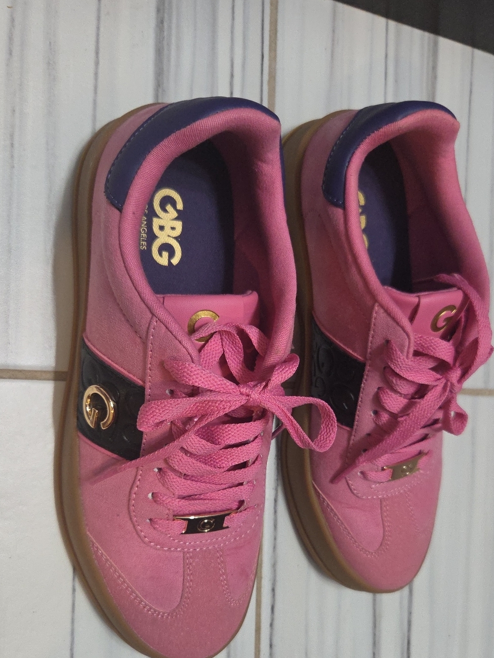 GBG Los Angeles Pink Lace-Up Sneakers Gold Hardware.